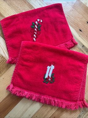 Vintage Red Holiday Embroidered Hand Towels — Candy Cane & Candle Motifs